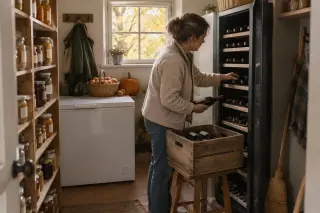 Dans le cellier d'un pavillon en automne, une femme range des bouteilles dans une grande cave à vin entre des étagères de bocaux
