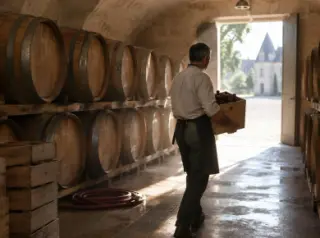 Dans le chai d'un château bordelais, un homme porte une caisse en bois de six bouteilles vers la porte ouverte sur la lumière d'été