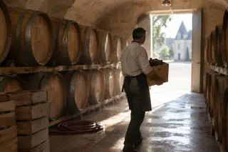 Dans le chai d'un château bordelais, un homme porte une caisse en bois de six bouteilles vers la porte ouverte sur la lumière d'été