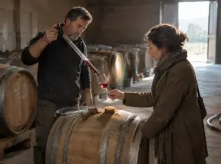 Dans un chai, un vigneron sert à la pipette un vin rouge tiré d'un fût à une visiteuse qui tend son verre