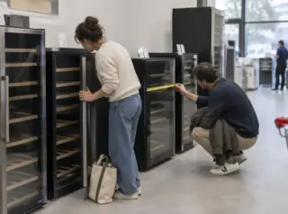 Un couple compare des caves à vin dans un magasin d'électroménager, l'une ouvre une porte vitrée, l'autre mesure la largeur au mètre ruban