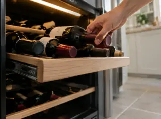 Une clayette coulissante de cave à vin tirée vers l'avant, une main fait pivoter une bouteille, vue de dessous