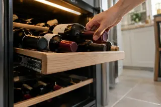 Une clayette coulissante de cave à vin tirée vers l'avant, une main fait pivoter une bouteille, vue de dessous