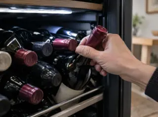 Gros plan sur une main qui retire avec précaution une bouteille de clayettes compactes où les bouteilles sont serrées