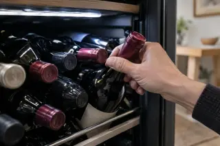 Gros plan sur une main qui retire avec précaution une bouteille de clayettes compactes où les bouteilles sont serrées