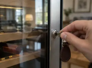 Gros plan sur une clé tournée dans la serrure d'une porte vitrée de cave à vin, reflet de la pièce dans la vitre