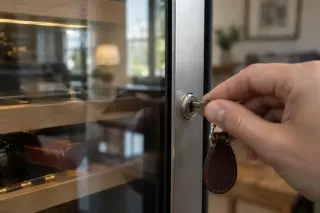 Gros plan sur une clé tournée dans la serrure d'une porte vitrée de cave à vin, reflet de la pièce dans la vitre