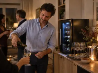 Un homme sert des invités à un coin bar de séjour, une petite cave de service à côté d'un plateau de verres, le soir