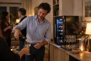 Un homme sert des invités à un coin bar de séjour, une petite cave de service à côté d'un plateau de verres, le soir