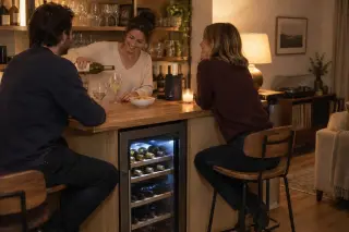 Une femme sert des amis à un coin bar de séjour, une cave à vin à deux zones sous le comptoir du bar