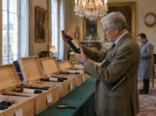 Dans une salle des ventes, un homme âgé examine une bouteille devant des caisses de douze en bois alignées sous un lustre