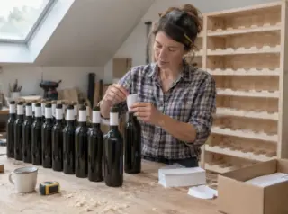 Dans un atelier, une femme passe des collerettes vierges au col de bouteilles alignées devant un casier en bois neuf