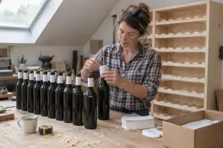 Dans un atelier, une femme passe des collerettes vierges au col de bouteilles alignées devant un casier en bois neuf