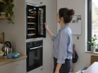 Une femme ouvre la porte d'une mini cave à vin encastrée à hauteur des yeux dans une colonne de cuisine
