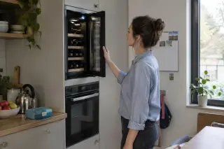 Une femme ouvre la porte d'une mini cave à vin encastrée à hauteur des yeux dans une colonne de cuisine