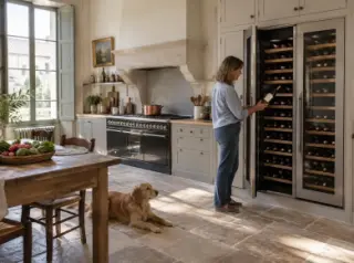 Une femme sort une bouteille d'une double colonne de cave à vin encastrée dans une cuisine de grande maison ancienne rénovée