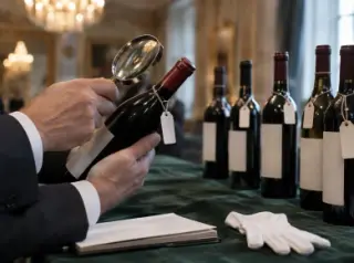 Gros plan sur les mains d'un commissaire-priseur qui examine une bouteille à la loupe sur une table drapée, d'autres bouteilles alignées