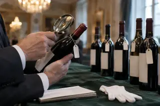 Gros plan sur les mains d'un commissaire-priseur qui examine une bouteille à la loupe sur une table drapée, d'autres bouteilles alignées