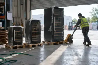 Trois caves à vin de tailles croissantes posées sur des palettes sur un quai de chargement, un magasinier avec un transpalette