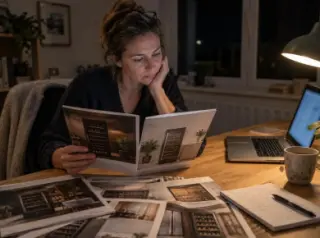 Une femme compare des brochures de caves à vin la nuit à son bureau, écran d'ordinateur flou