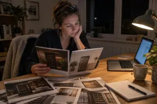 Une femme compare des brochures de caves à vin la nuit à son bureau, écran d'ordinateur flou