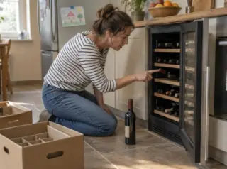 Une femme à genoux compte du doigt les bouteilles d'une cave à vin sous plan, cartons vides à côté