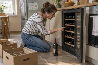 Une femme à genoux compte du doigt les bouteilles d'une cave à vin sous plan, cartons vides à côté