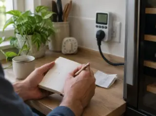 Gros plan sur un homme qui note dans un carnet la consommation lue sur un compteur de prise où est branchée une mini cave à vin