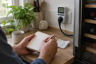 Gros plan sur un homme qui note dans un carnet la consommation lue sur un compteur de prise où est branchée une mini cave à vin