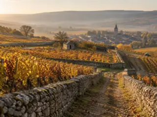Un coteau de vignes bourguignon aux murets de pierre sèche, un clos et un village au fond, soleil bas d'automne