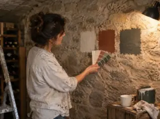 Une femme tient un nuancier contre le mur d'une cave, trois teintes déjà essayées en carrés sur la pierre