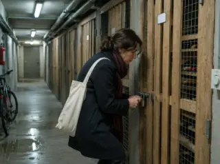 Dans le couloir des caves d'un immeuble, une femme ouvre le cadenas de la porte grillagée de sa cave, néons
