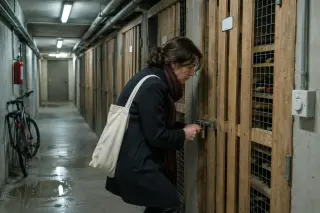 Dans le couloir des caves d'un immeuble, une femme ouvre le cadenas de la porte grillagée de sa cave, néons