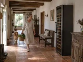 Dans un couloir de maison ancienne aux tomettes et aux poutres, une femme passe avec un panier devant une grande cave à vin