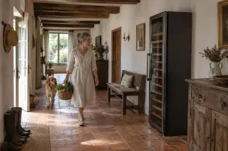 Dans un couloir de maison ancienne aux tomettes et aux poutres, une femme passe avec un panier devant une grande cave à vin