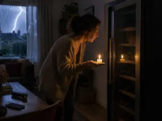 Pendant une coupure de courant un soir d'orage, une femme éclaire à la bougie une cave à vin éteinte
