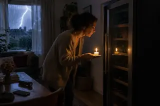 Pendant une coupure de courant un soir d'orage, une femme éclaire à la bougie une cave à vin éteinte
