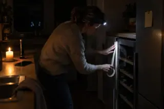 Pendant une coupure de courant, une femme à lampe frontale colle du ruban sur la porte de sa cave à vin pour ne pas l'ouvrir