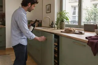 Un homme ferme la porte du meuble d'une cave à vin encastrée dans la cuisine rénovée de son appartement