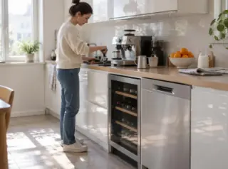 Dans une cuisine blanche brillante le matin, une femme prépare un café, une cave à vin sous le plan de travail