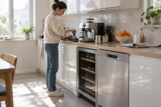 Dans une cuisine blanche brillante le matin, une femme prépare un café, une cave à vin sous le plan de travail