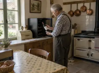 Un homme âgé sort un vin rouge d'une mini cave posée sur un buffet carrelé dans une cuisine de campagne, cuisinière ancienne