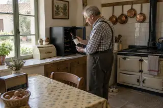 Un homme âgé sort un vin rouge d'une mini cave posée sur un buffet carrelé dans une cuisine de campagne, cuisinière ancienne