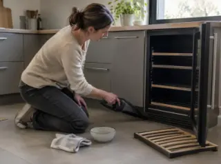 Dans une cuisine grise, une femme aspire à l'aspirateur à main la grille d'une cave à vin encastrée, clayette sortie