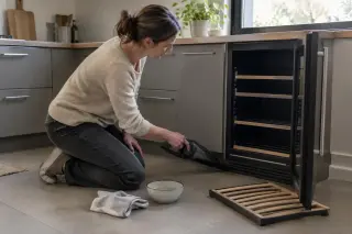 Dans une cuisine grise, une femme aspire à l'aspirateur à main la grille d'une cave à vin encastrée, clayette sortie