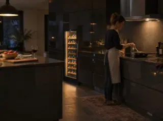 Dans une cuisine sombre laquée le soir, une cave à vin encastrée éclairée, une femme cuisine de profil