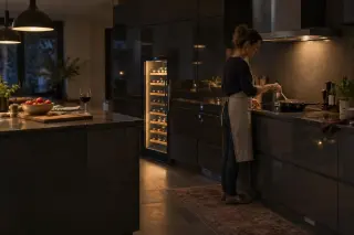 Dans une cuisine sombre laquée le soir, une cave à vin encastrée éclairée, une femme cuisine de profil