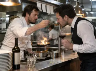 Dans une cuisine de restaurant, le chef fait goûter une sauce à la cuillère au sommelier qui tient un verre, flammes derrière