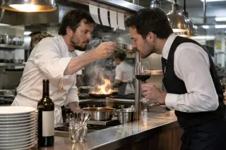 Dans une cuisine de restaurant, le chef fait goûter une sauce à la cuillère au sommelier qui tient un verre, flammes derrière