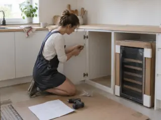 Dans une cuisine blanche aux façades plates, une femme visse une porte de meuble à côté de la niche prévue pour la cave à vin, clé Allen